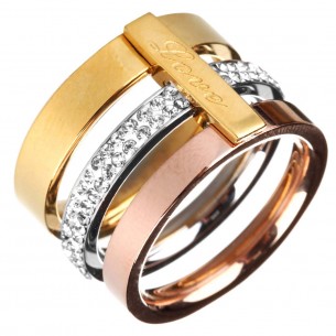 Ring LOVE ORIGINS 3 ORS All Gold Set of 3 connected rings Three golds message Love Silver Rose Gold Stainless steel Crystal