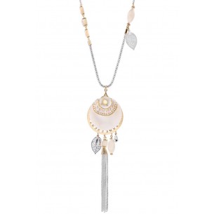 Collier SEBASTIAN Gold & Silver Sautoir Pendentif Ethnique Argent Doré et Blanc Rhodium Cristal et Nacre naturelle