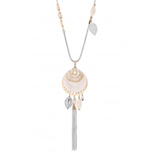 SEBASTIAN Gold & Silver Necklace Long Necklace Ethnic Pendant Silver Gold and White Rhodium Crystal and Natural Mother-of-Pearl