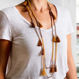 Collier MARIANO CRYSTAL CAMEL Jaune Moutarde Rhodium Cristal et Pompons