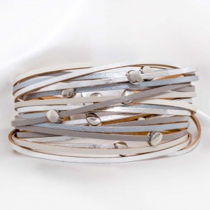 Bracelet LINOS Gray Silver Double turn Multirow Timeless Classic Silver and Gray Rhodium and Genuine Leather