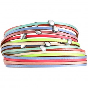 Bracelet LINOS Color Silver Double turn Multirows Timeless Classic Silver and Multicolor Rhodium and Genuine Leather Crystal