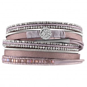 Bracelet ATLANTA Gray Silver Double turn Multirow Silver and Rhodium Gray and imitation leather Crystal