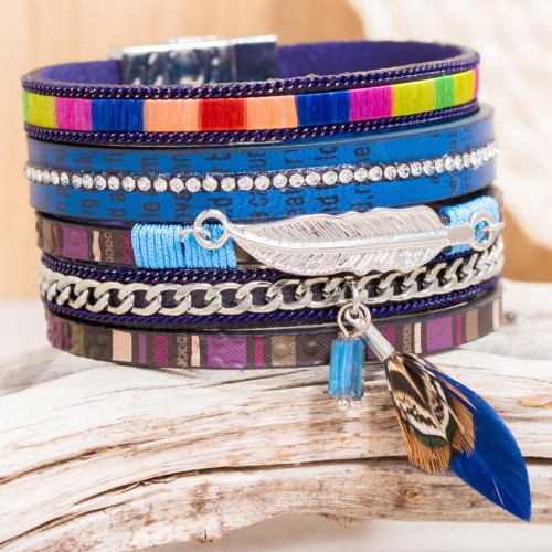 Bracelet CUROSPE DO BRASIL COLOR Blue Silver Flexible cuff Silver Blue Crystal Imitation leather Ethnic weaving Feather