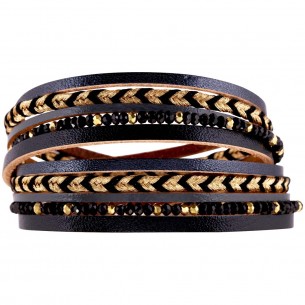 Bracelet FERNANDO Black Gold Double turn Ethnic braided Gold and Black Gilded with fine gold and genuine Leather Crystal