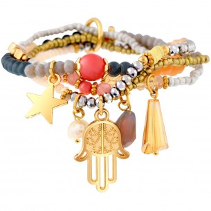 Bracelet ESAHOAR NATURAL GOLD Bracelet pendentif Multirang Main porte-bonheur oriental Doré Cristal Pierre de roche Perle