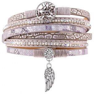 Bracelet ANGELOS Gray Silver Double turn Multirow Openwork Tree of Life Silver and Rhodium Gray imitation leather Crystal