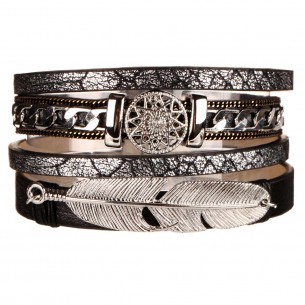 JOPAO Black Silver bracelet Flexible cuff Ethnic Multirow feather and rosette Silver and Black Rhodium imitation leather