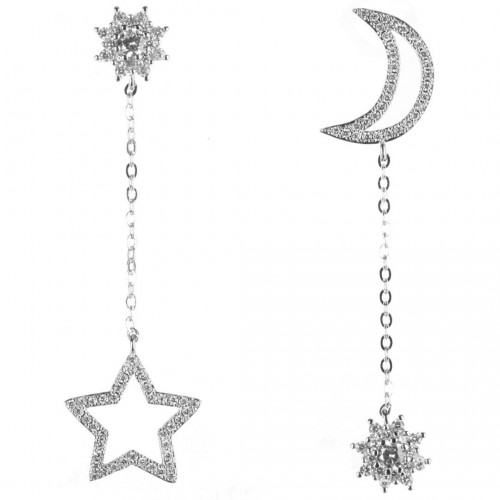Boucles d'oreilles MOON & STAR White Silver Pendantes asymétriques Lune et étoile Argent et Blanc Rhodium Cristal