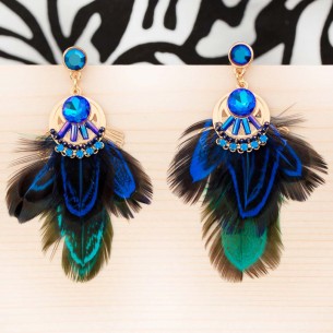 Boucles d'oreilles ROJARES CRYSTAL EDITION Blue Gold Pendantes pavées Ethnique amérindien Doré et Bleu Rhodium Cristal et Plumes