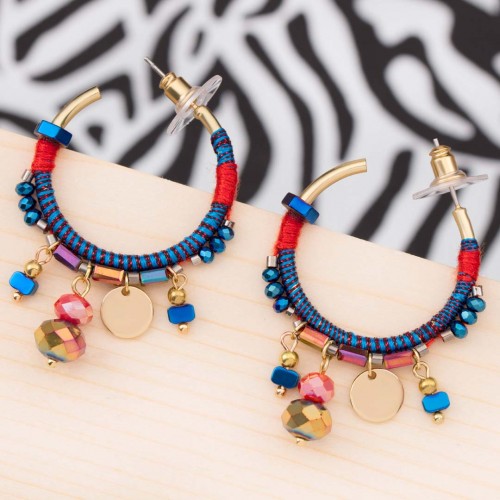 Boucles d'oreilles AROLANE Blue & Red Coral Gold Créoles pendentif Ethnique Bleu Corail Doré à l'or fin Cristal Tissage ethnique
