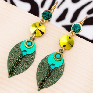 LA SELVA Emerald Green Gold earrings Openwork pendants Filigree leaves Gold and Green Fine gold gilded Crystal