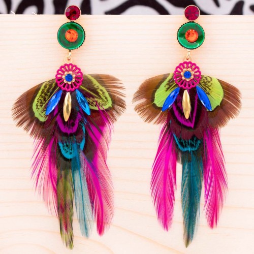 Boucles d'oreilles ATALIS CRYSTAL Color Gold Pendantes pavé Ethnique amérindien Doré Multicolore Plumes Cristal Nacre