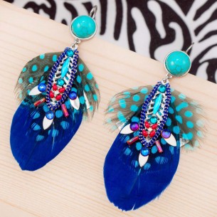 Boucles d'oreilles GALAPANGA Blue Silver Pendantes pavé Ethnique amérindien pierre turquoise Argent Bleu Rhodium Plumes Cristal