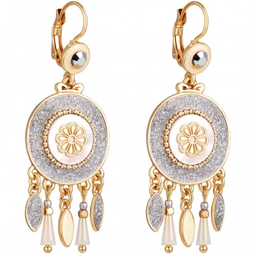 Boucles d'oreilles MELIS Gold & Silver Pendantes à pendentif Floral Doré et Argenté Rhodium Cristal et Nacre naturelle