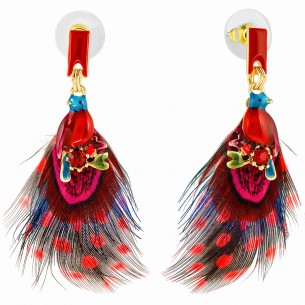 Boucles d'oreilles GORONITO Red Silver Pendantes courtes Oiseaux Argent et Rouge Doré à l'or fin Cristal et Plumes et émaux