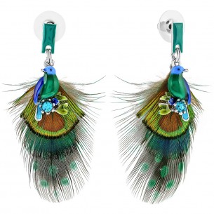 GORONITO Emerald Green Silver Earrings Short Pendants Birds Silver and Emerald Green Rhodium Crystal Enamel Feathers