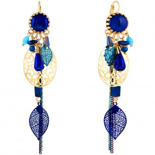 Boucles d'oreilles CADICIAN Blue Gold Pendantes ajourées Baroque ou romantique Doré et Bleu Doré à l'or fin Cristal