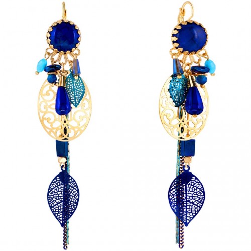 Boucles d'oreilles CADICIAN Blue Gold Pendantes ajourées Baroque ou romantique Doré et Bleu Doré à l'or fin Cristal