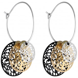 Earrings NATURA HORIZON Black Gold Silver Creole Tree of life filigree articulated pendant openwork Silver Golden Black Steel