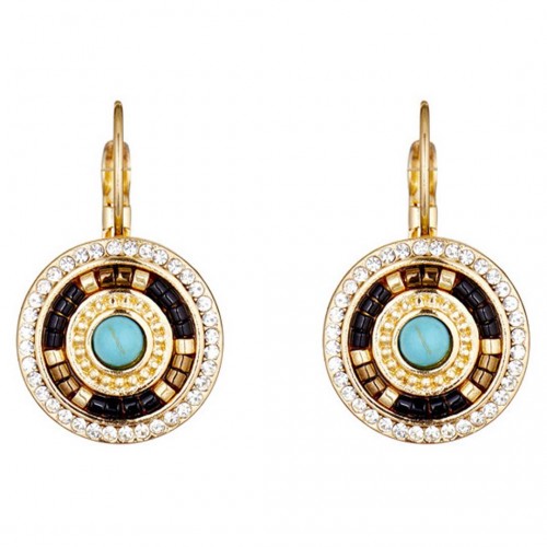 ELRIO Turquoise Gold Earrings Short Dormeuses Ethnic Golden Golden metal Crystal Turquoise reconstituted Pearls