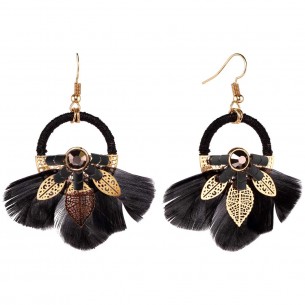 Earrings ROJARES Black Gold Golden and Black Golden with fine gold Crystal and Feathers