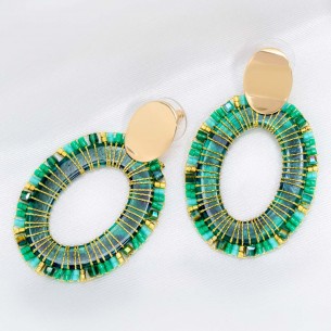 Earrings CRYSTAL PEARLS NEW VALLEY GREEN GOLD Emerald green Brass gilded with fine gold Woven crystal beads and Resins
