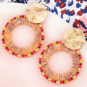 Earrings CRYSTAL PEARLS VALLEY GOLD & CORAL Red Coral Brass gilded with fine gold Woven crystal beads and Resins