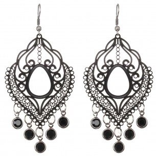 Earrings ALTAYA Black Openwork pendants Baroque filigree Black Rhodium Crystal