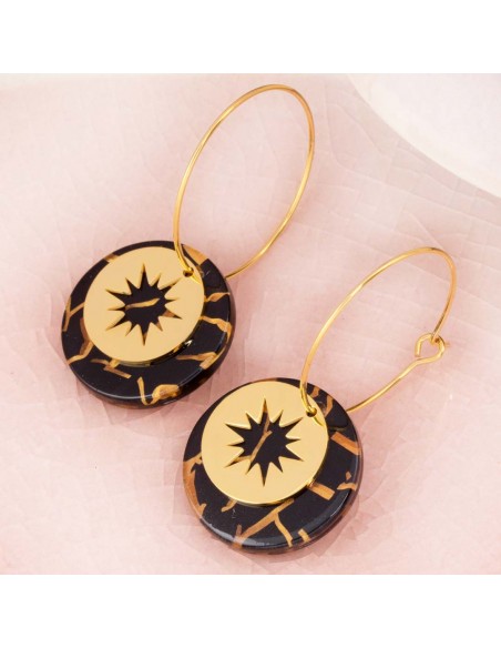 Boucles d'oreilles ASTROS STEEL TIGER GOLD SMALL SIZE Noir Tigré Acier inoxydable doré à l'or fin Résines