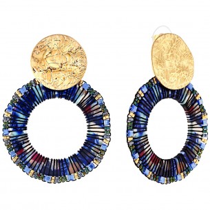 Earrings CRYSTAL PEARLS VALLEY GOLD & BLUE Blue Brass gilded with fine gold Woven crystal beads and Resins