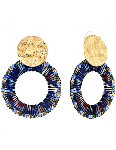 Boucles d'oreilles CRYSTAL PEARLS VALLEY GOLD & BLUE Bleu Laiton doré à l'or fin Perles de cristal tissés et Résines