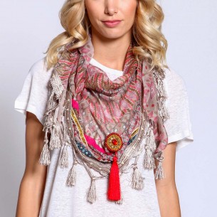 MONTERICO Pink Beige Triangle scarf with charms Ethnic Beige and Pink Viscose and Printed Cotton Medallion pompom decorations