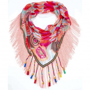CAPELLA Color Coral triangle scarf with charms Contemporary Multicolored Coral Viscose Printed Decorations fringes pompoms