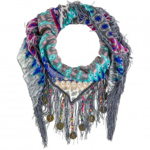 BODEGA Color Gray Triangle scarf with charms Ethnic Gray and Multicolored Viscose Printed Fringe and jewelry decorations