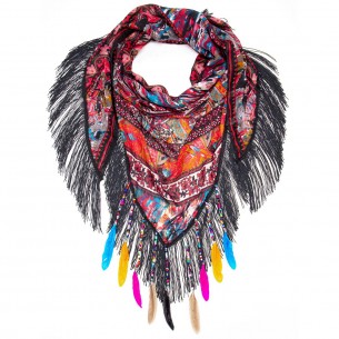 BODEGUITO Color Black Triangle scarf with charms Ethnic Black Multicolored Viscose Printed Decorations fringes pompoms feathers