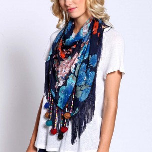 ELGUERO Color Blue Triangle scarf with charms Ethnic Blue Multicolored Viscose Printed Decorations fringes pompoms
