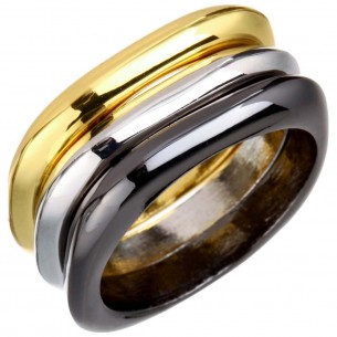 Bague QUATERNE Black Gold & Silver Jeu de 3 anneaux à porter ensemble Trois ors forme carré Argent Doré Noir Rhodium