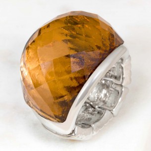 Ring CRYSTAL ICY Topaz Silver Elastic Cabochon Central Crystal Silver and Beige Topaz Rhodium Crystal