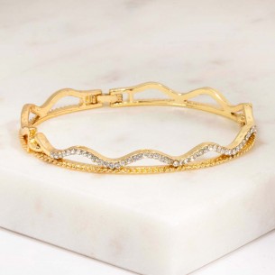 ONDINE White Gold bracelet Rigid bangle wavy pavé Golden and White Brass gilded with fine gold Crystal