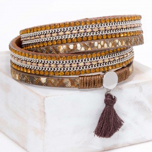 Bracelet ERIS Brown Chocolate Silver Double turn Multirow Ethnic Silver Chocolate Rhodium and Faux Leather Pompom Crystal