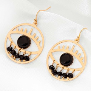 EYONA Black Gold earrings Openwork pendants Golden and Black Eye Stainless steel gilded with fine gold Black Howlite