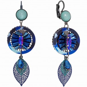 EFOLIA Night Blue Silver Earrings Long pendant Silver and Night Blue Rhodium Foliage Crystal and Resins