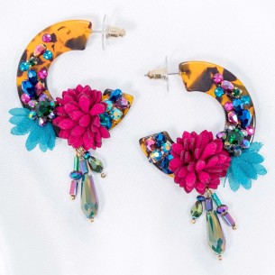 BAROCCA Color Gold Earrings Floral Hoop Earrings Multicolored Silver Gilded with fine gold Crimped crystals Suede resins
