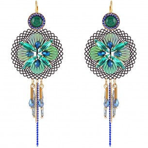 Boucles d'oreilles MAPOSOL Emerald Green Gold Pendantes ajourées Rosace filigrane Doré et Vert émeraude Doré à l'or fin Cristal 2