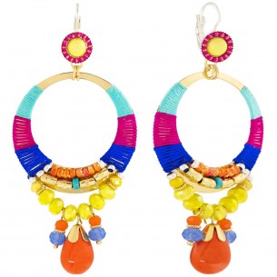 VALADORA Color Gold Earrings Openwork Pendants Ethnic Golden and Multicolored Rhodium Crystal and Ethnic Weaving