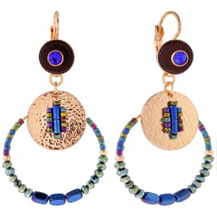 PIRUETEKA Blue Green Gold earrings Openwork pendant Ethnic hammered Blue and Green Gilded with fine gold Crystal