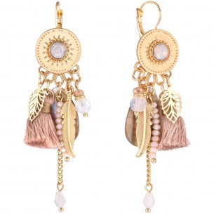 DIEGO NUEVO Beige Gold earrings Dangling earrings Ethnic feathers Gilded with fine gold Crystal Pompom Natural mother-of-pearl