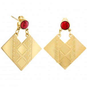 Earrings ALTIPLANO STEEL DORADA ROJA Gold and Coral Stainless steel gilded with fine gold Reconstituted Coral stone