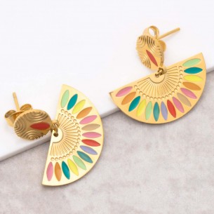 GYPTOS Color gold short earrings dangling ethnic half moon steel enamelled multicolored gold